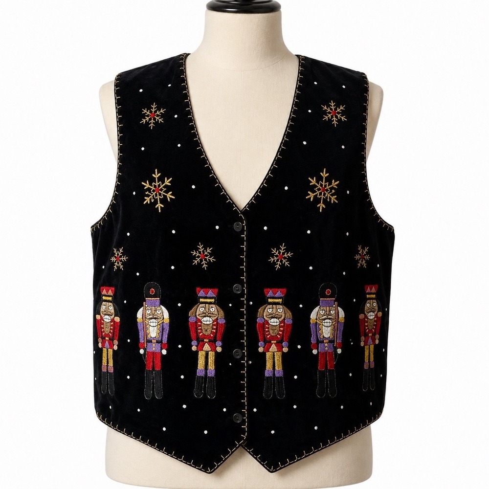 VTG Paul Harris Design Nutcracker Christmas Vest Black Velvet Women's XL